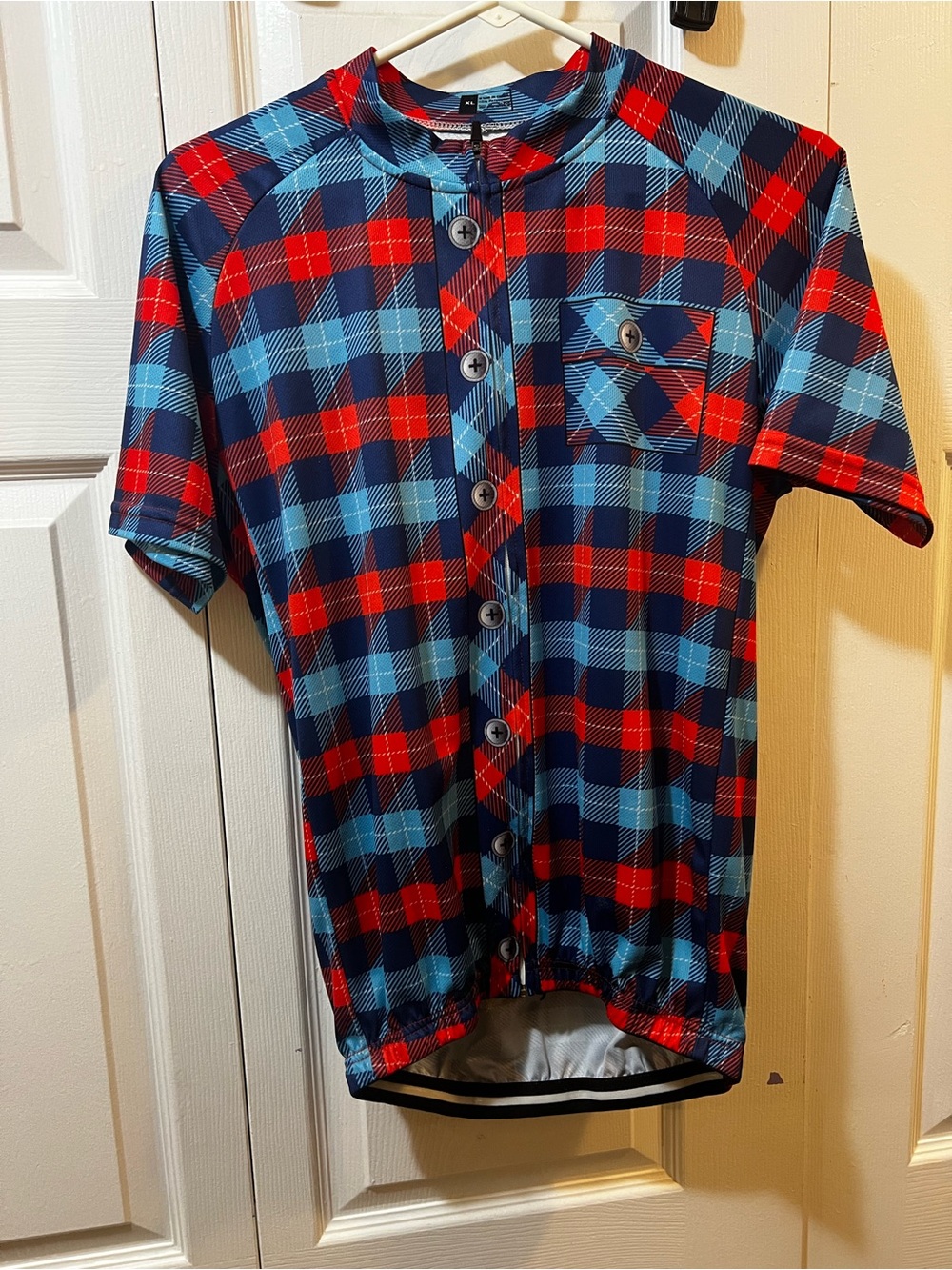 Men's Short-Sleeve Plaid zipper Cycling Jersey - Red & Blue- performance fit